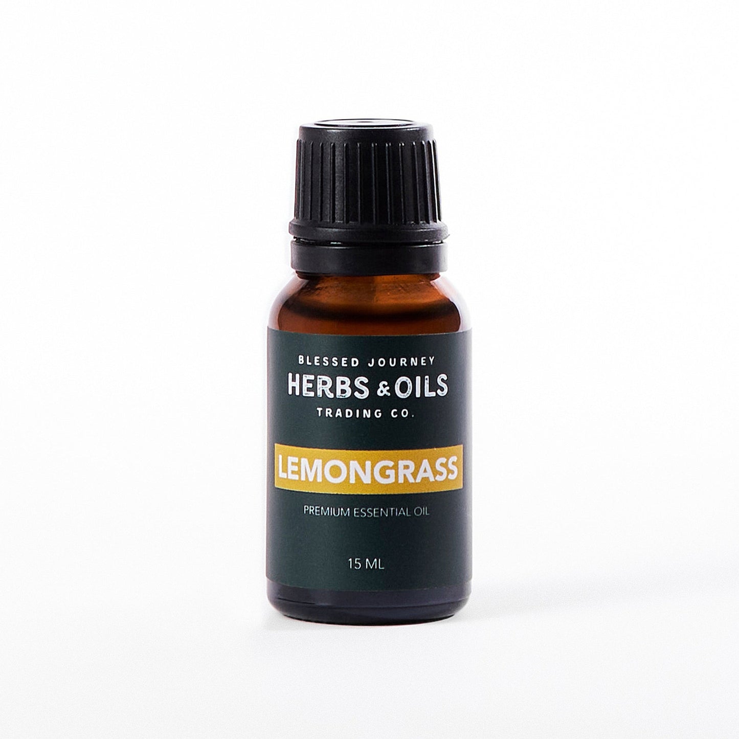 15ml amber glass bottle of pure lemongrass essential oil with black cap for aromatherapy and natural cleansing