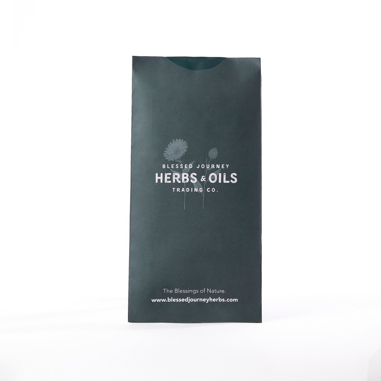 Organic chamomile flower tea in resealable black packaging from Blessed Journey Herbs & Oils