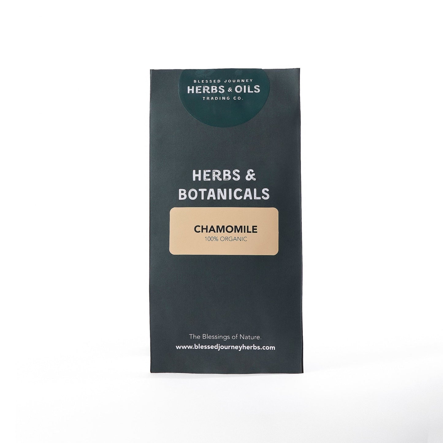 organic chamomile flower loose tea in resealable black bag from Blessed Journey Herbs & Oils