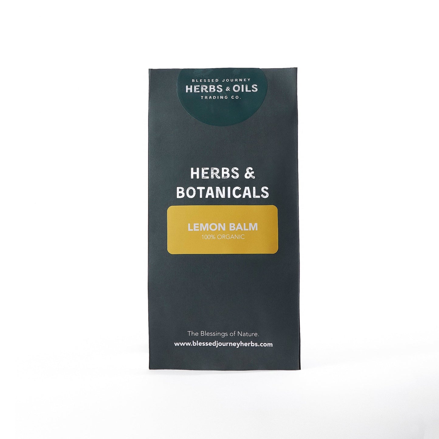 Organic lemon balm herbal tea packaging from Herbs & Oils Trading Co.