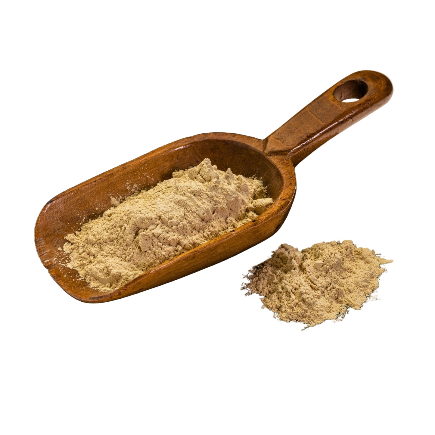 Ashwagandha root powder in wooden scoop on black plate, natural adaptogen herb supplement
