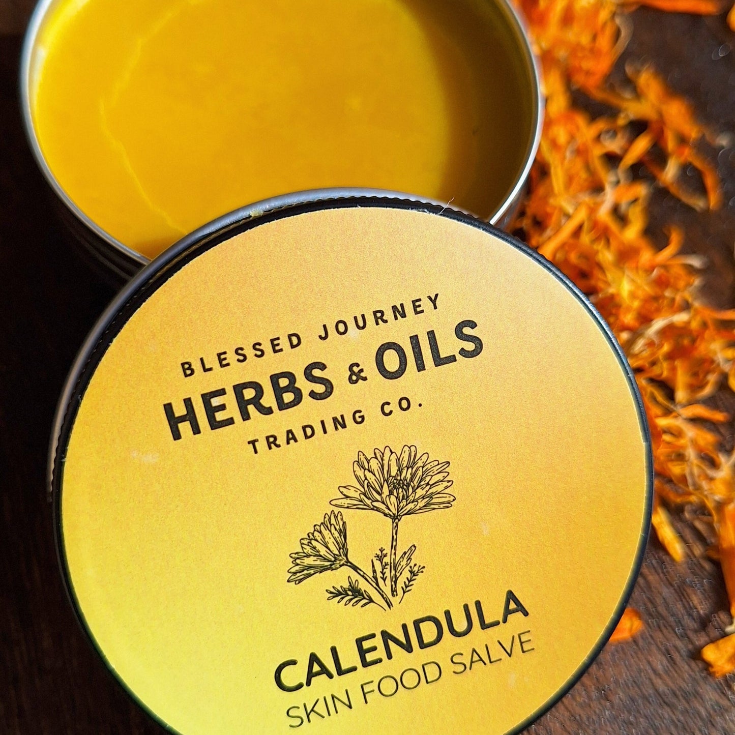 Calendula Salve Egypt organic herbal skin food in tin with calendula petals