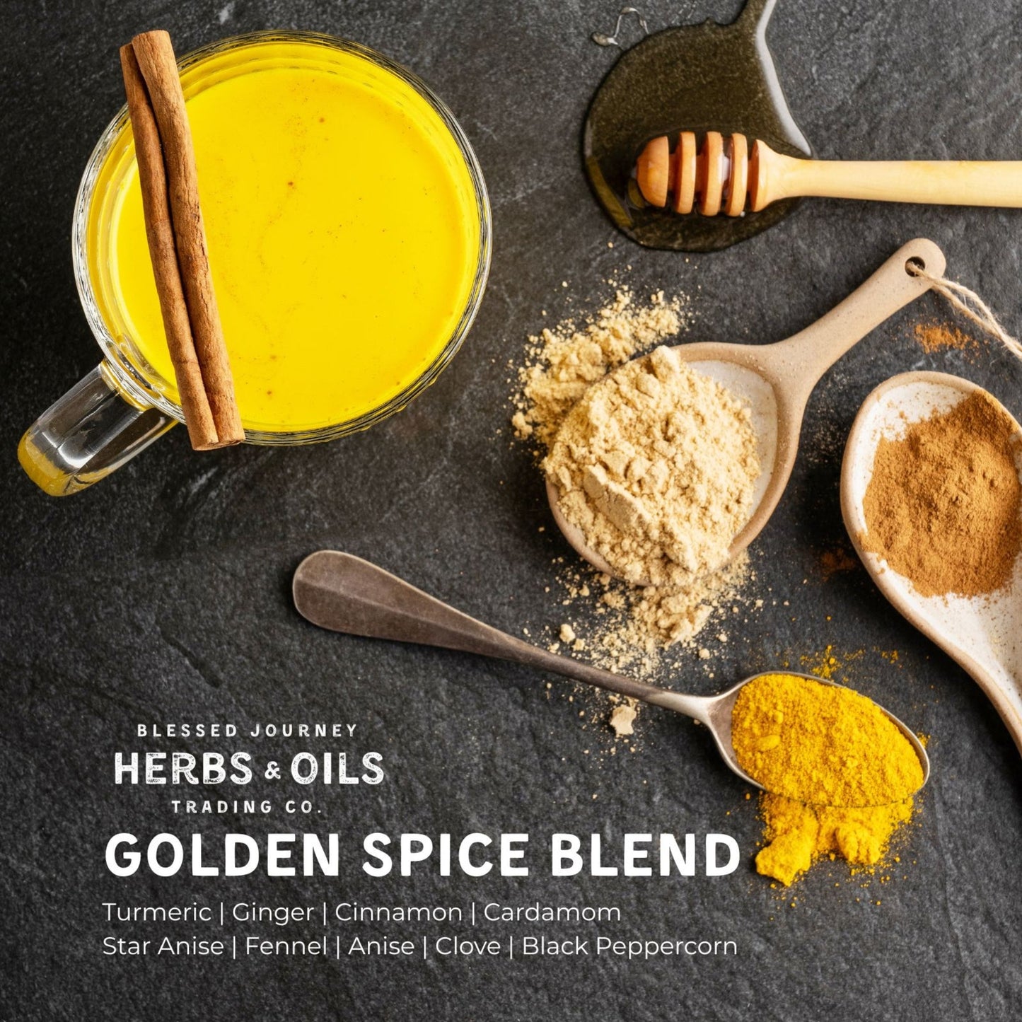 Golden Spice Blend with turmeric, ginger, cinnamon, cardamom, and honey on dark background