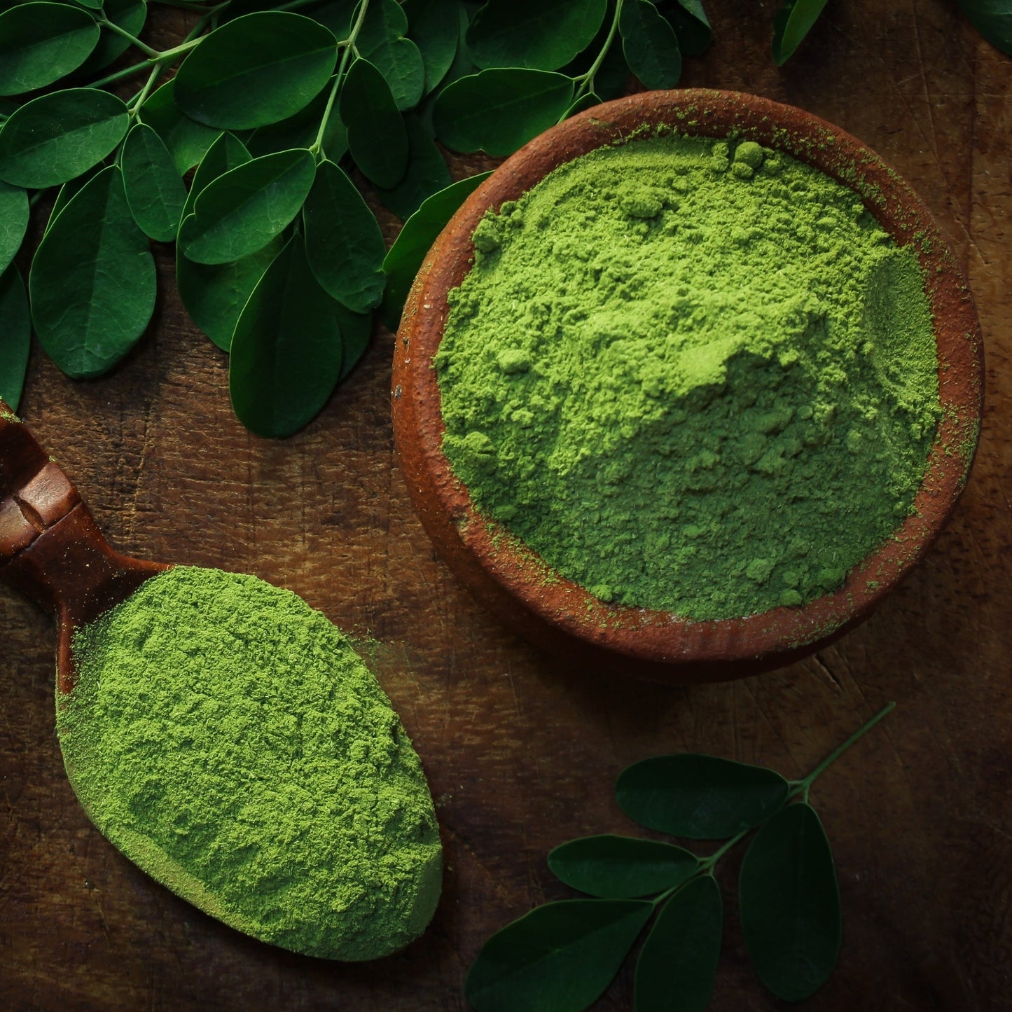 Organic vibrant green moringa leaf powder in wooden bowl and spoon with fresh moringa leaves on rustic surface