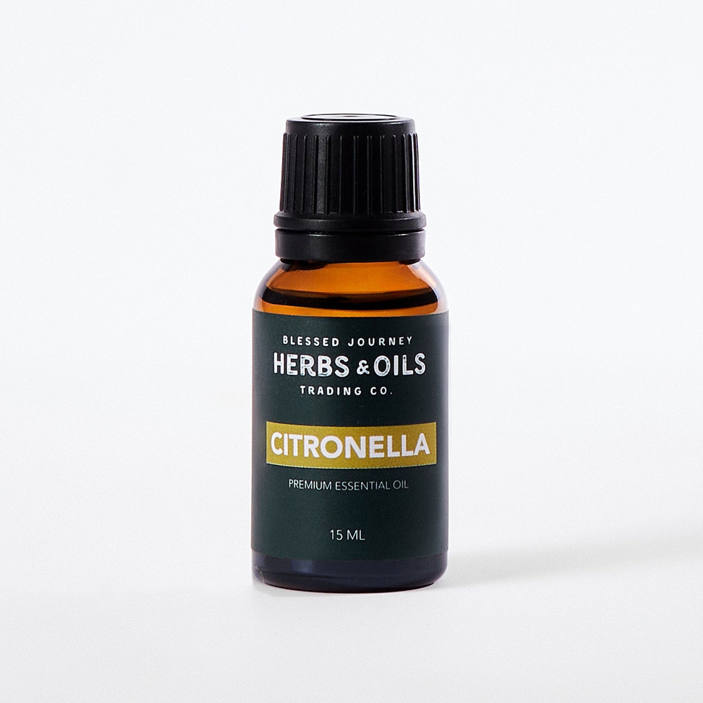 15ml amber glass bottle of premium citronella essential oil by Herbs & Oils Trading Co.