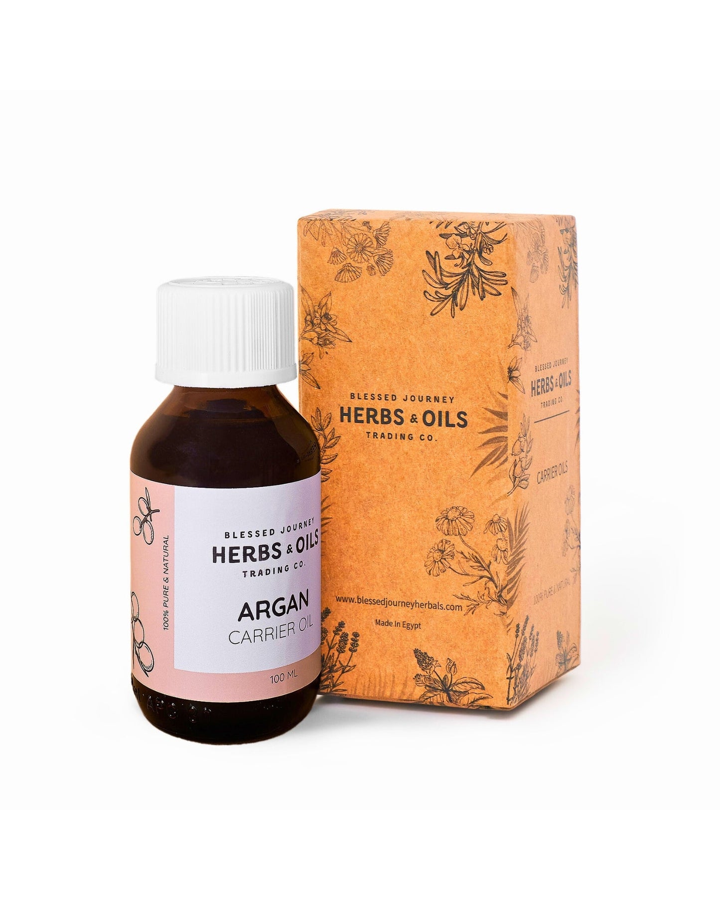 Bottle and box of pure Moroccan argan oil carrier from Blessed Journey Herbs & Oils Trading Co.