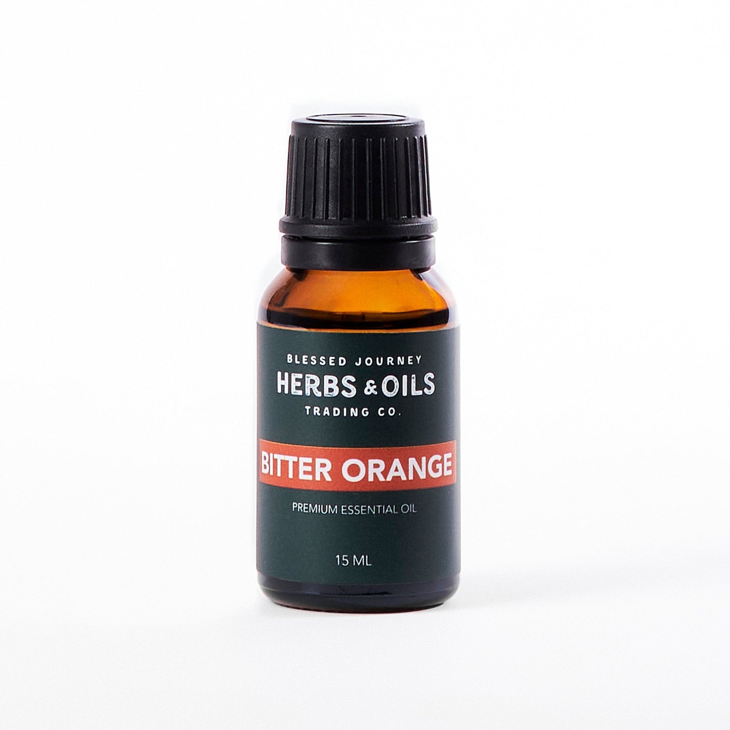 15ml amber bottle of pure Bitter Orange Essential Oil by Herbs & Oils Trading Co, steam distilled for uplifting aromatherapy use
