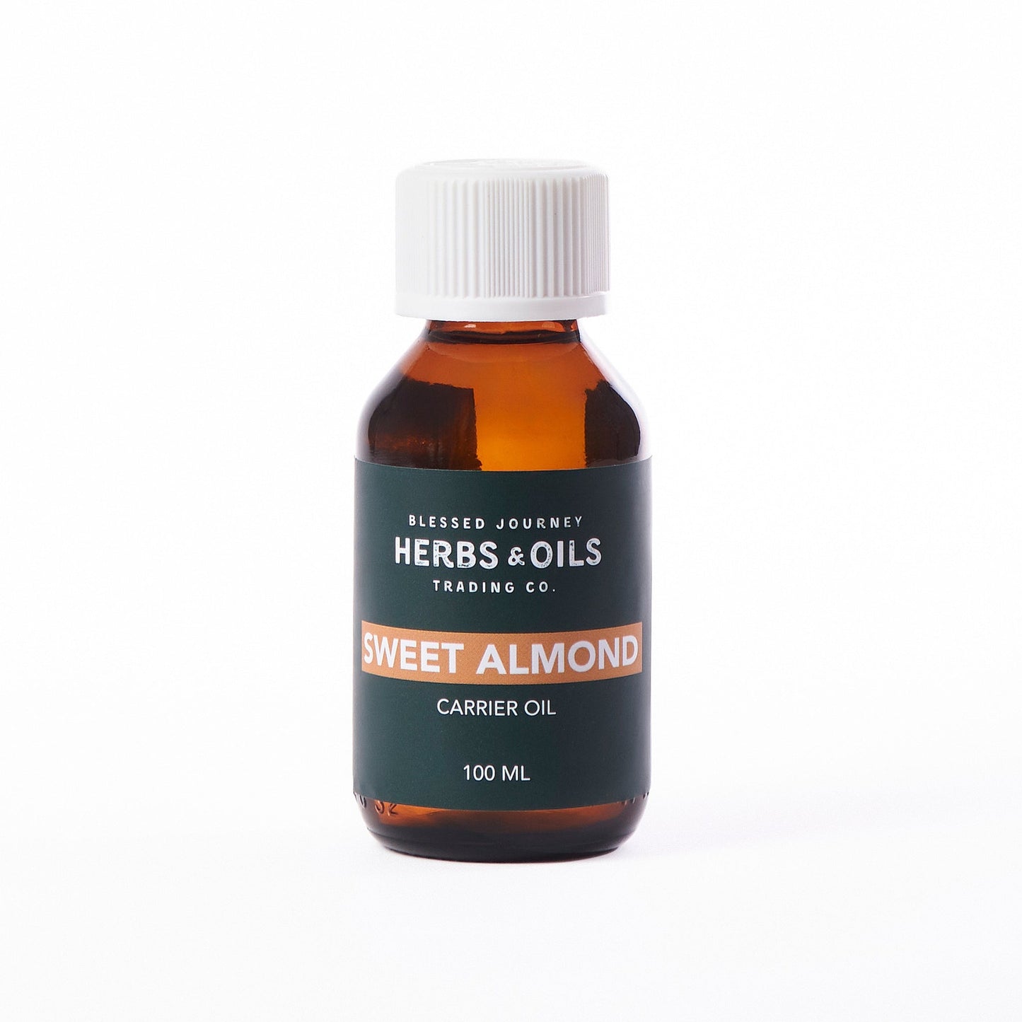 100ml dark amber bottle of Sweet Almond Oil carrier oil by Herbs & Oils Trading Co.