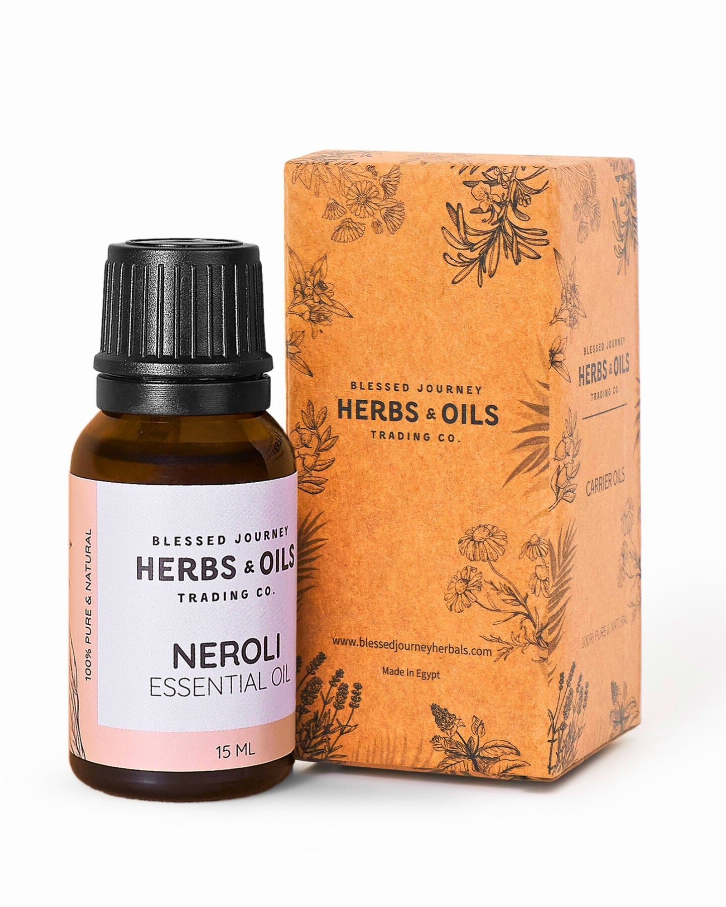 15ml bottle of Neroli Essential Oil next to brown floral-patterned packaging box from Blessed Journey Herbs & Oils Trading Co.