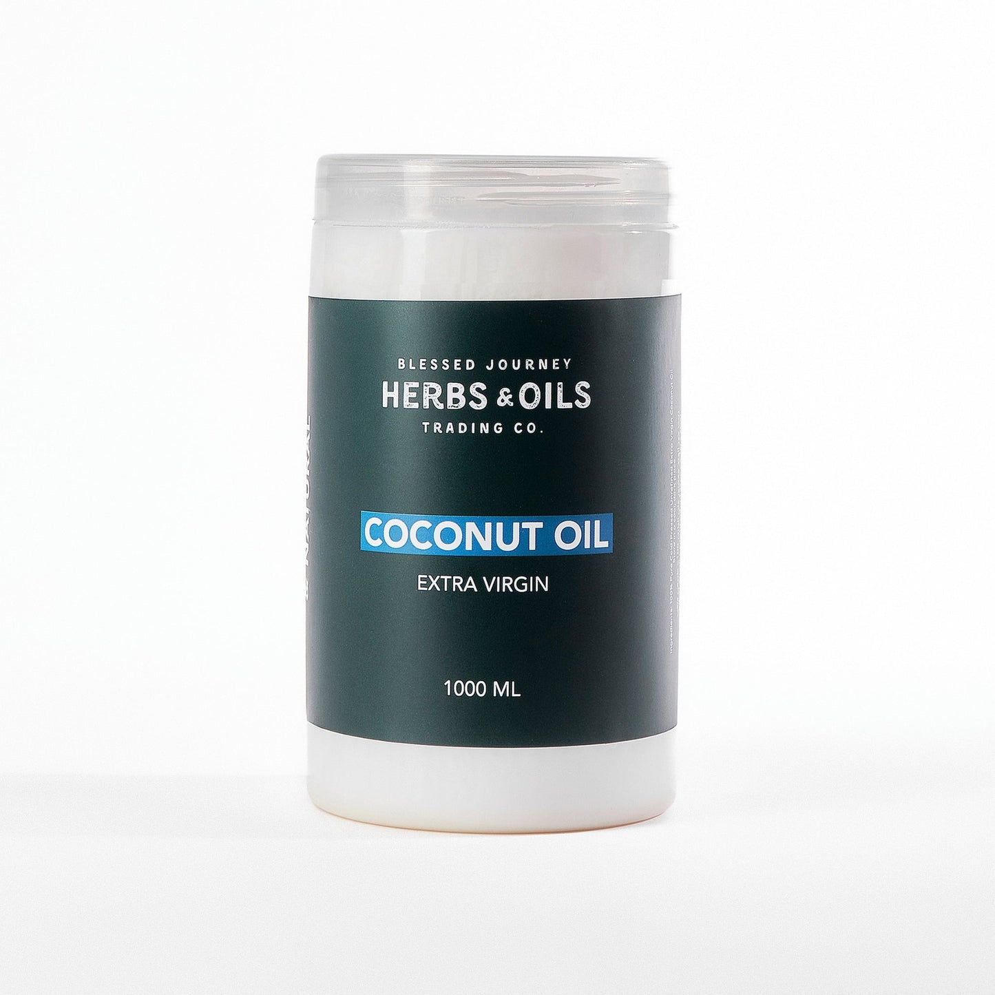 1000ml jar of Extra Virgin Coconut Oil by Herbs & Oils Trading Co., cold-pressed and pure