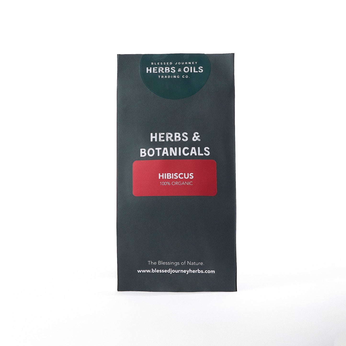 organic hibiscus flowers herbal tea packaging with red label and black background
