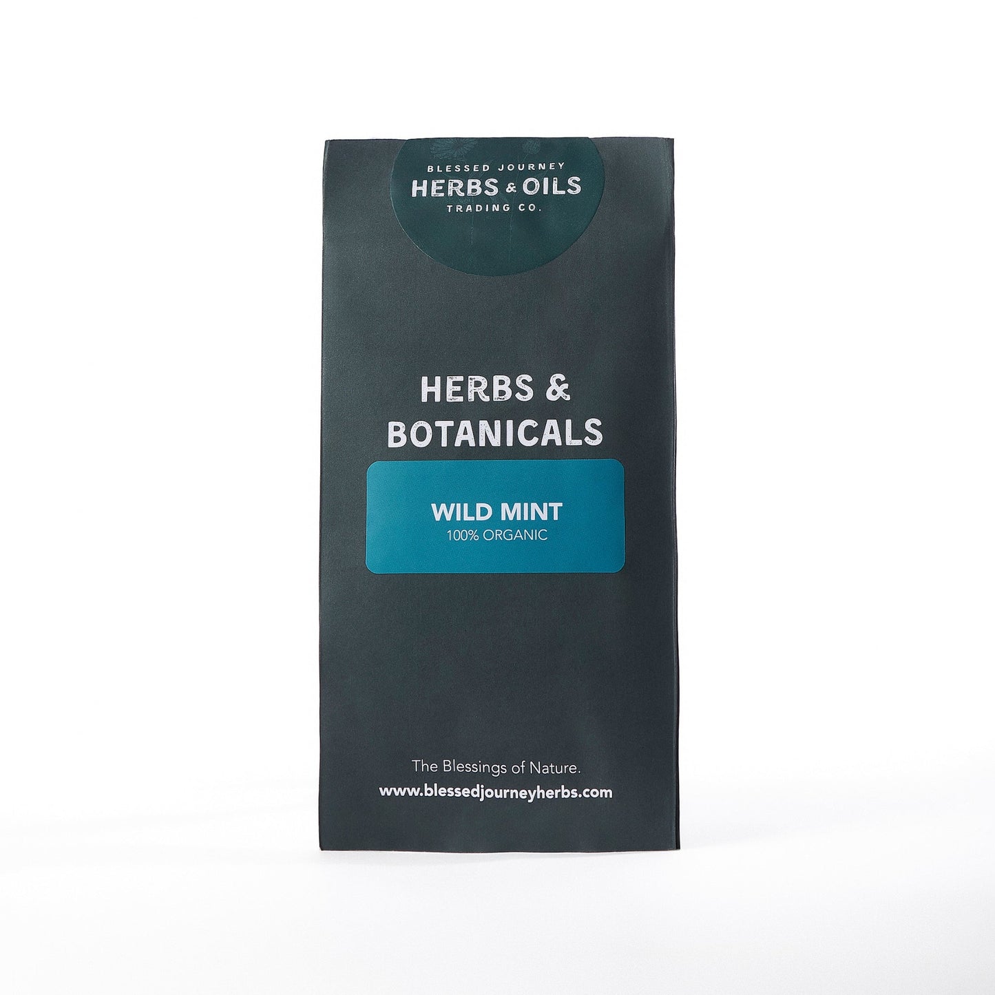 Organic wild peppermint leaf packaging from Blessed Journey Herbs & Oils, 100% natural wild mint.