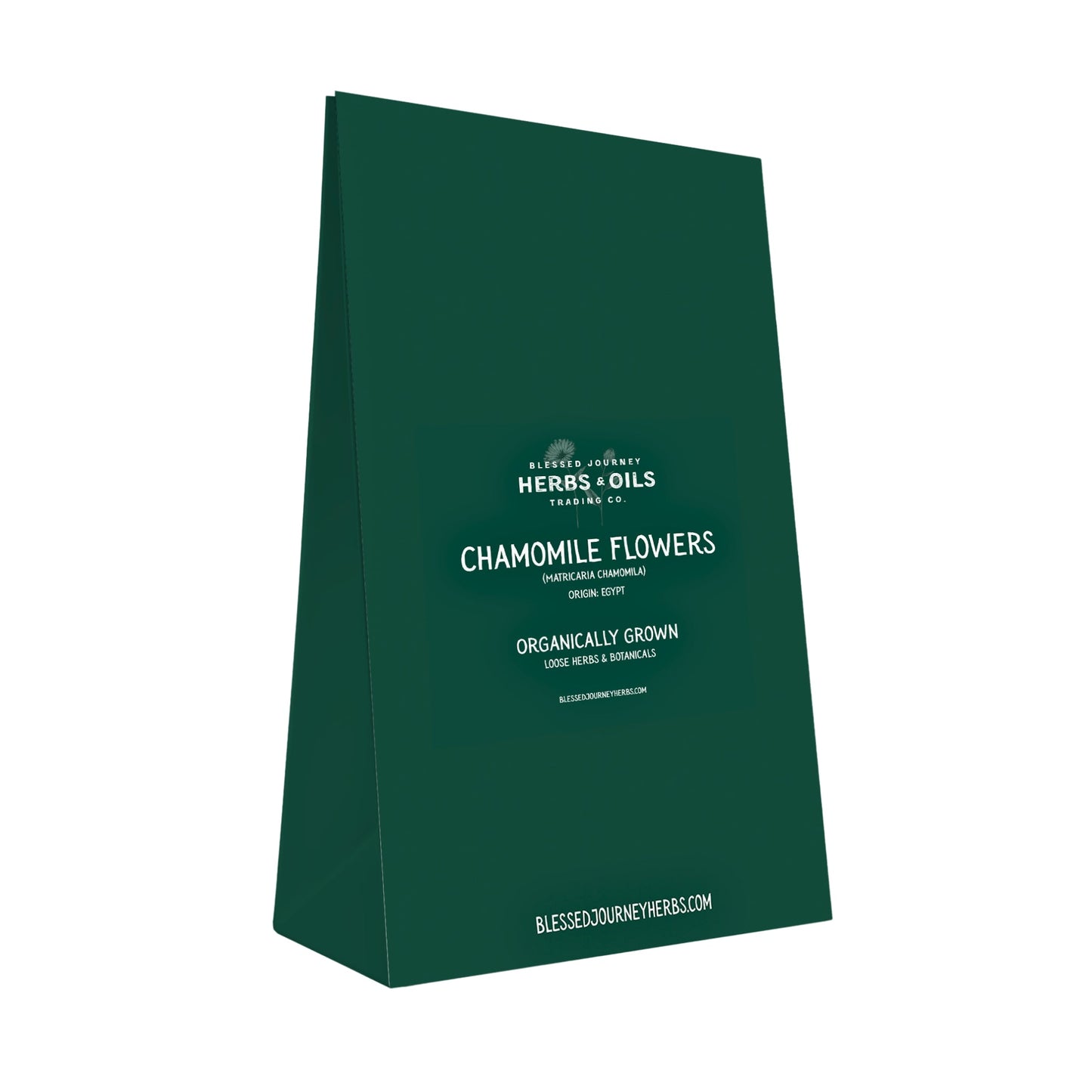 organic chamomile flowers packaged in a green resealable 150g bag