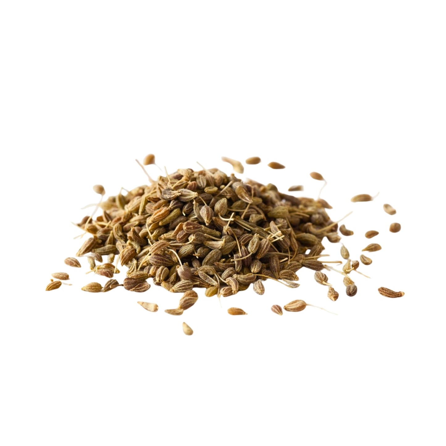 Organic anise seeds pile with crescent shapes and licorice aroma isolated on white background