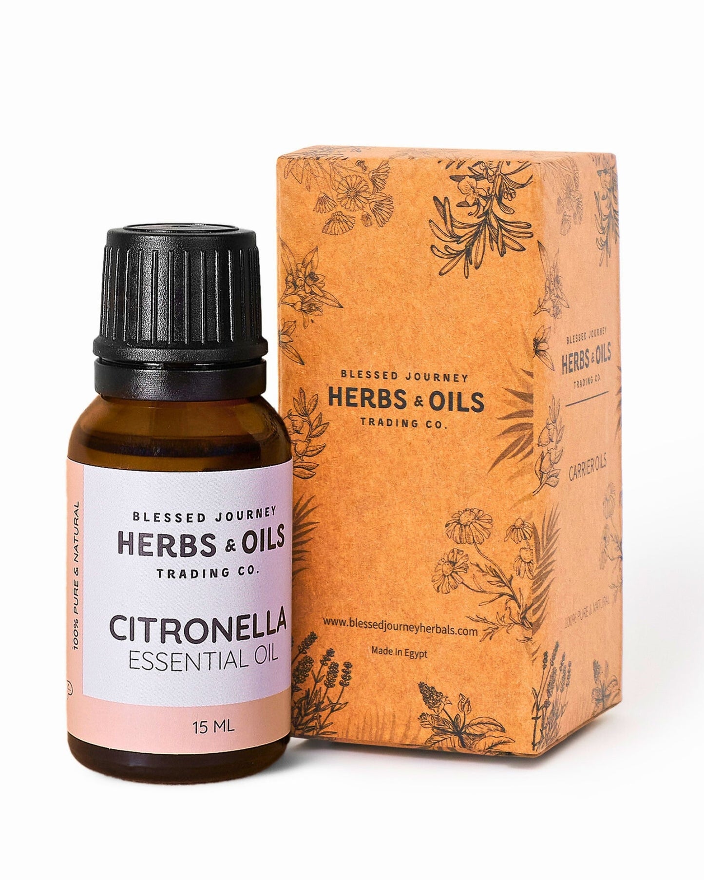15ml bottle of Blessed Journey Herbs & Oils citronella essential oil with floral-patterned packaging, made in Egypt