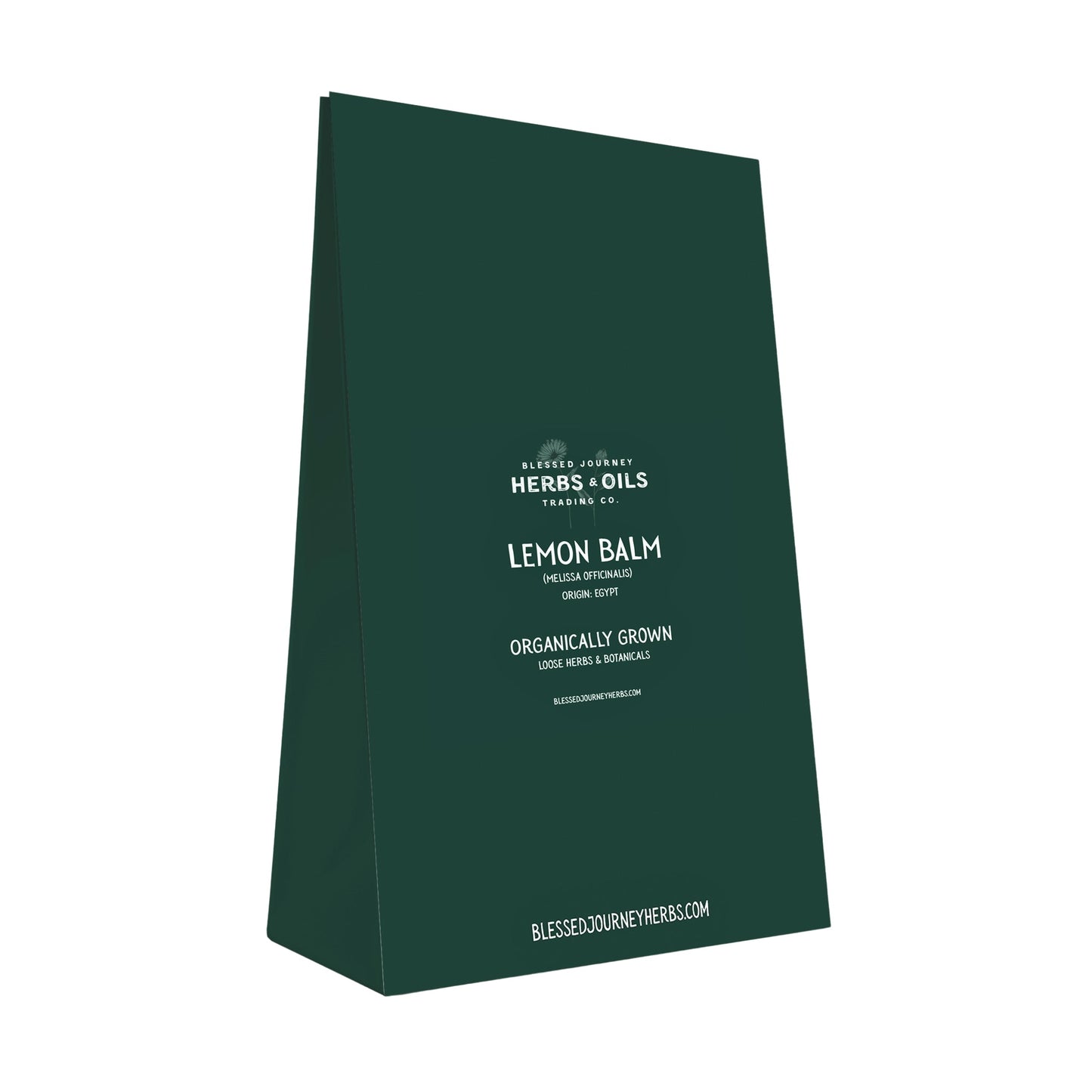 Organic lemon balm loose leaf tea in resealable dark green bag, 150g, promotes calm and positive mood