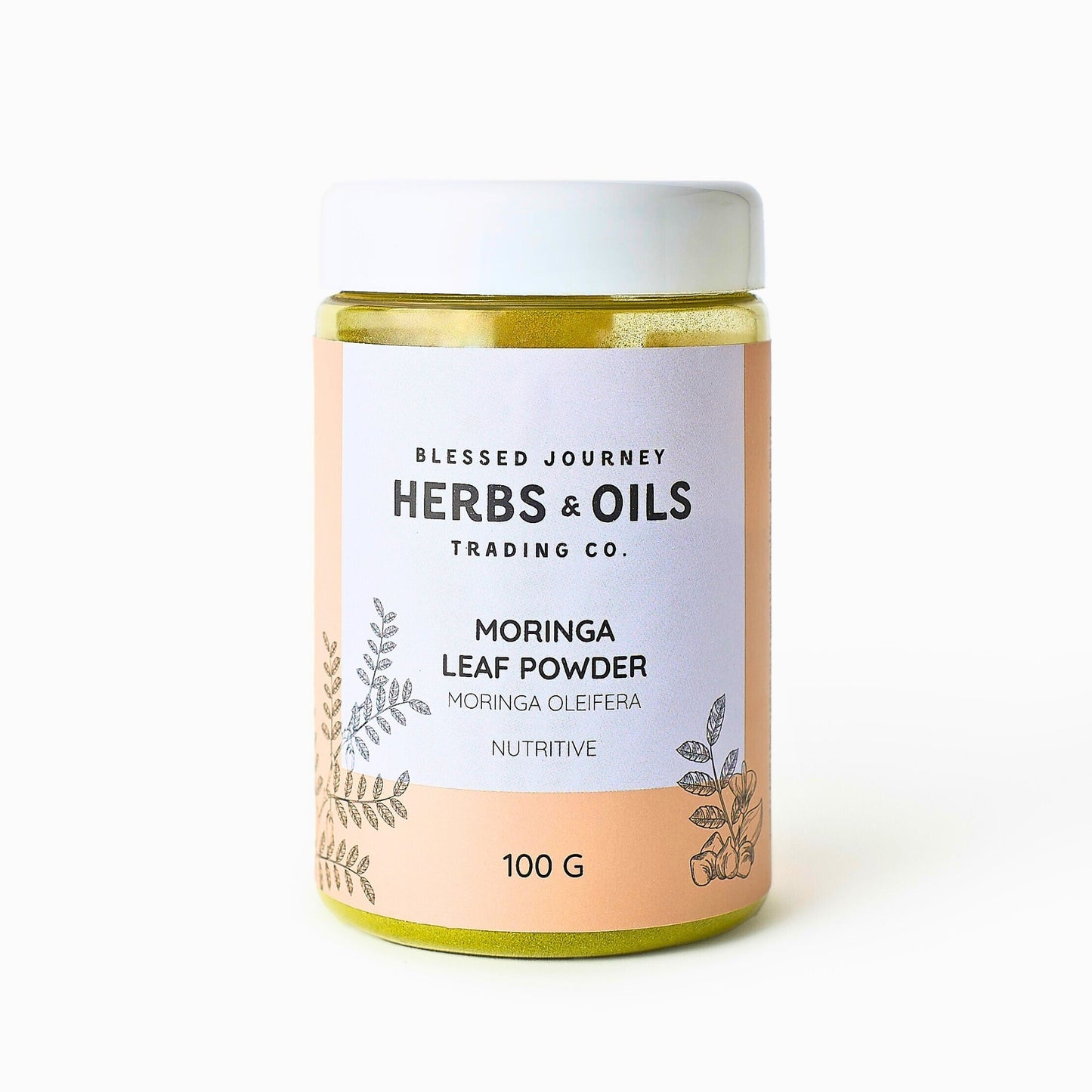 Moringa Leaf Powder 100g jar from Blessed Journey Herbs & Oils, organic nutrient-rich superfood with vibrant green powder