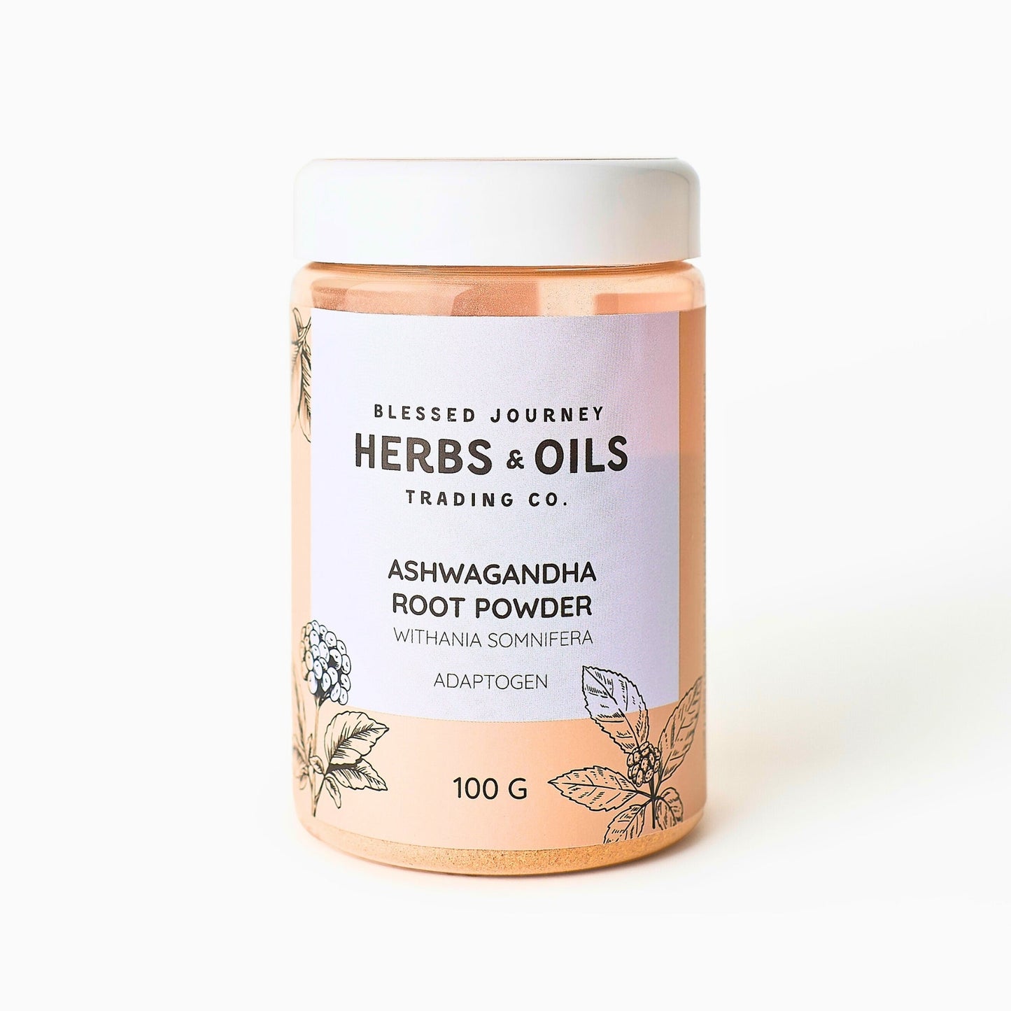 Jar of Ashwagandha Root Powder 100g by Blessed Journey Herbs & Oils with botanical design on label