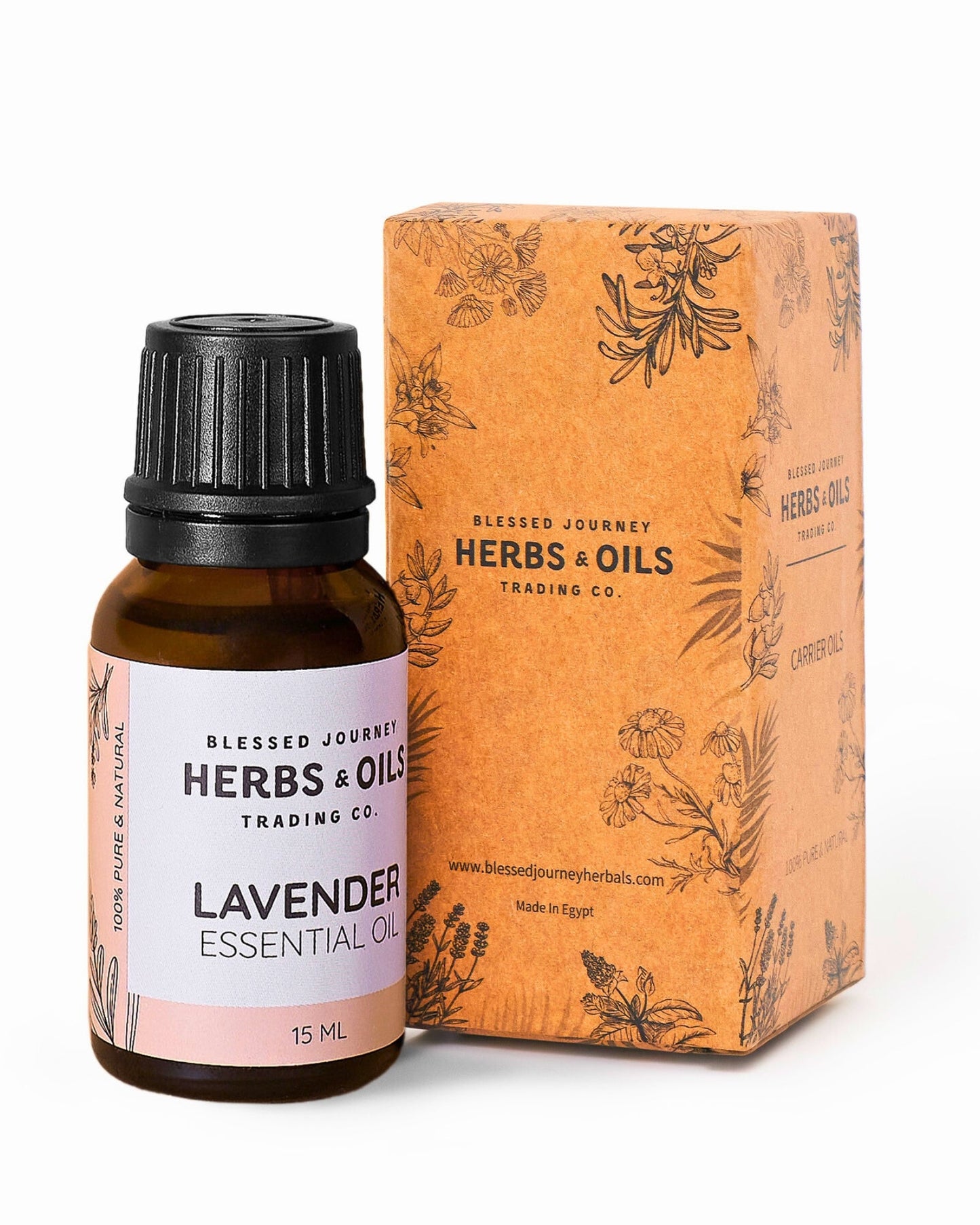 15ml bottle of Lavender Essential Oil by Herbs & Oils with floral design packaging