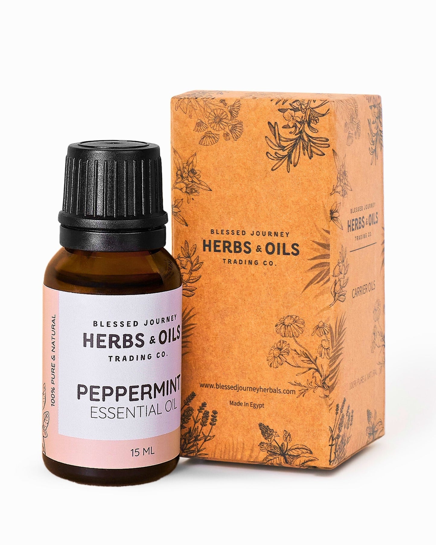 15ml bottle of peppermint essential oil with natural herbal packaging from Blessed Journey Herbs & Oils Trading Co.