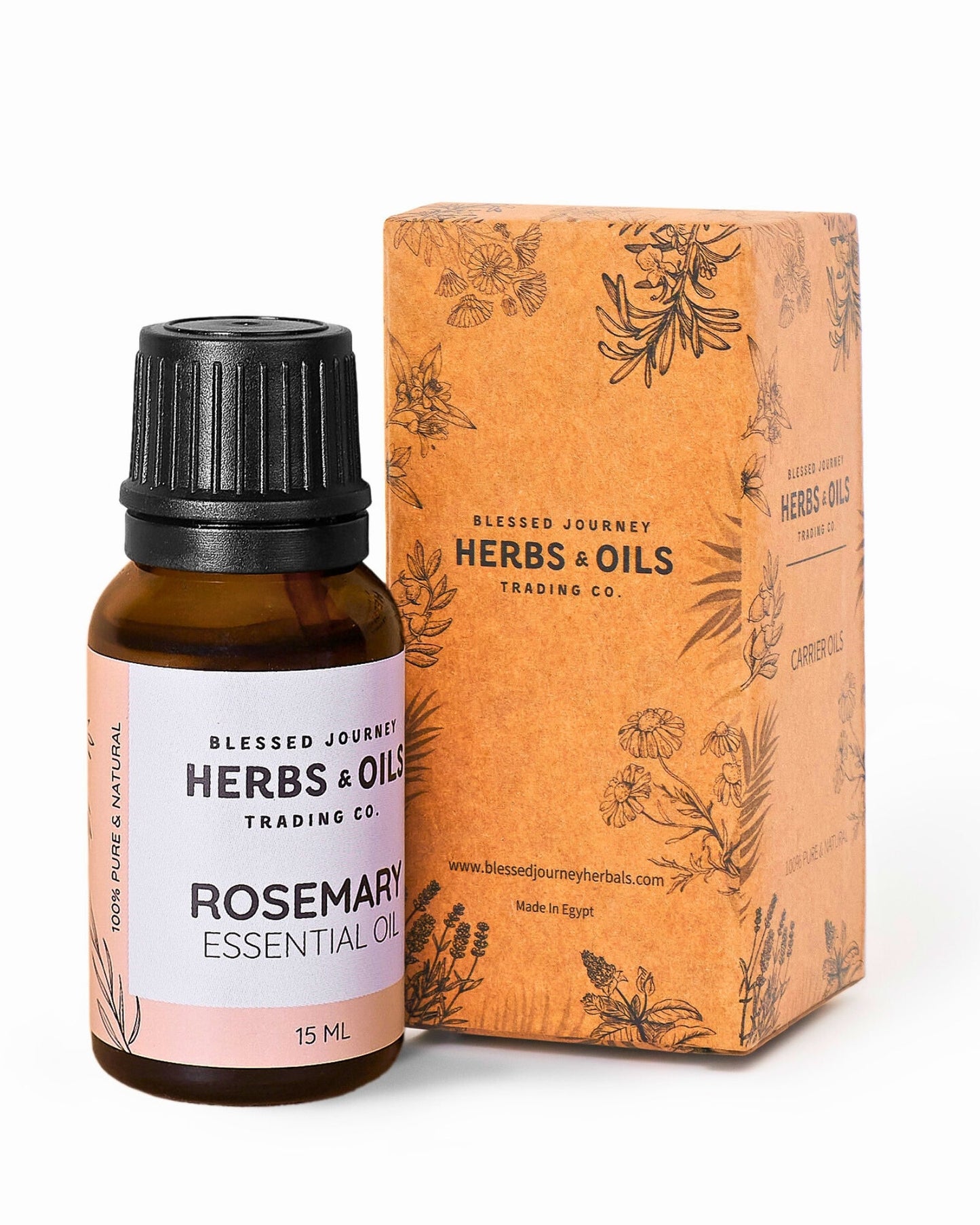 15ml bottle of pure Rosemary Essential Oil with herbal packaging from Blessed Journey Herbs & Oils, made in Egypt.