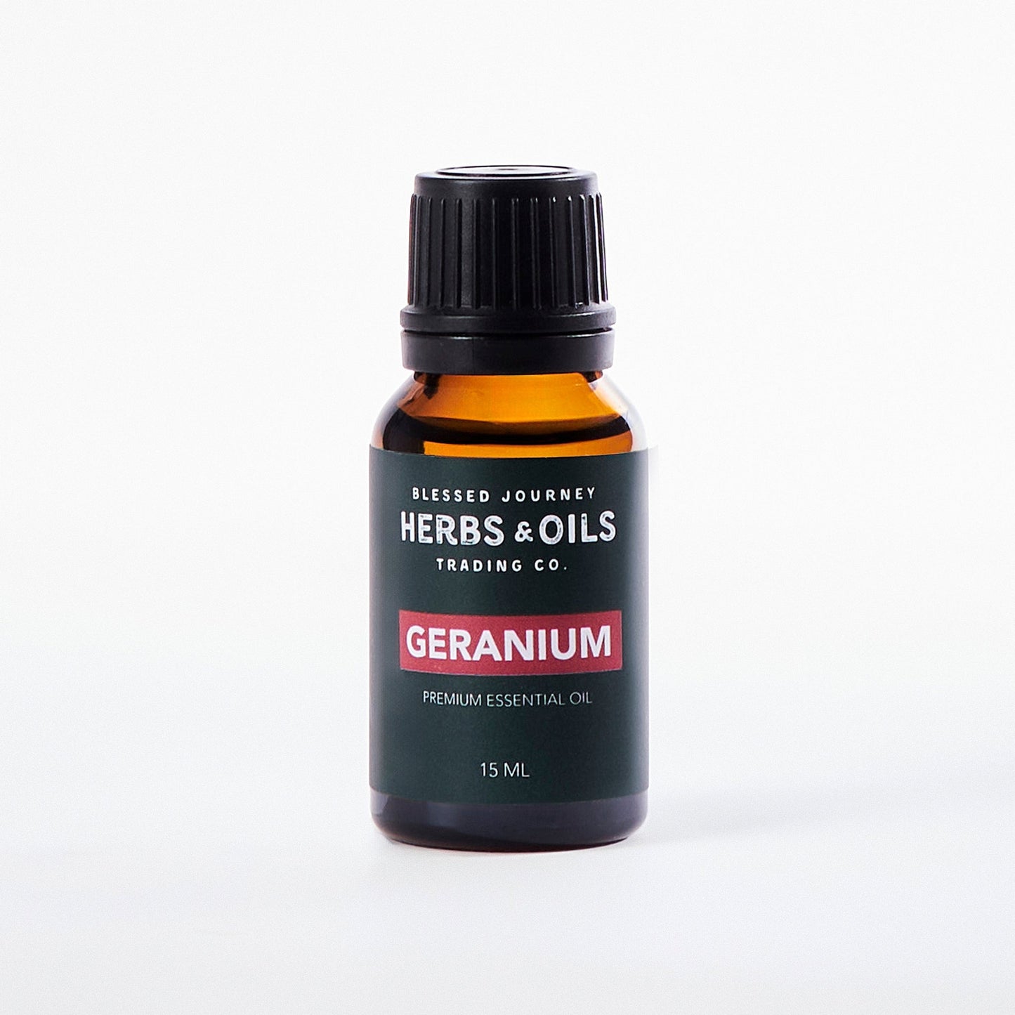 15ml amber glass bottle of premium Geranium Essential Oil by Herbs & Oils Trading Co.
