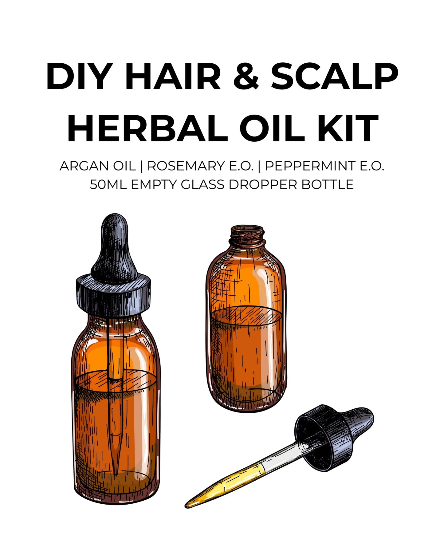 DIY Hair & Scalp Oil Kit with amber glass dropper bottle for mixing argan, rosemary, and peppermint essential oils
