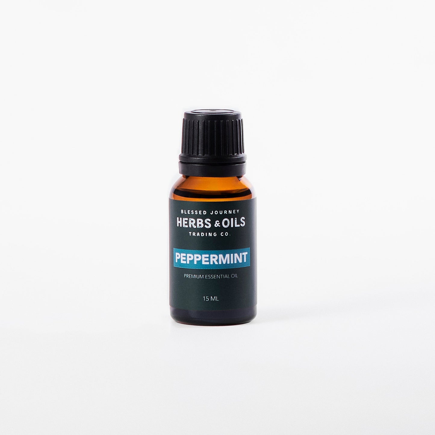 15ml amber glass bottle of peppermint essential oil with black cap, premium quality, refreshing and cooling aromatic oil