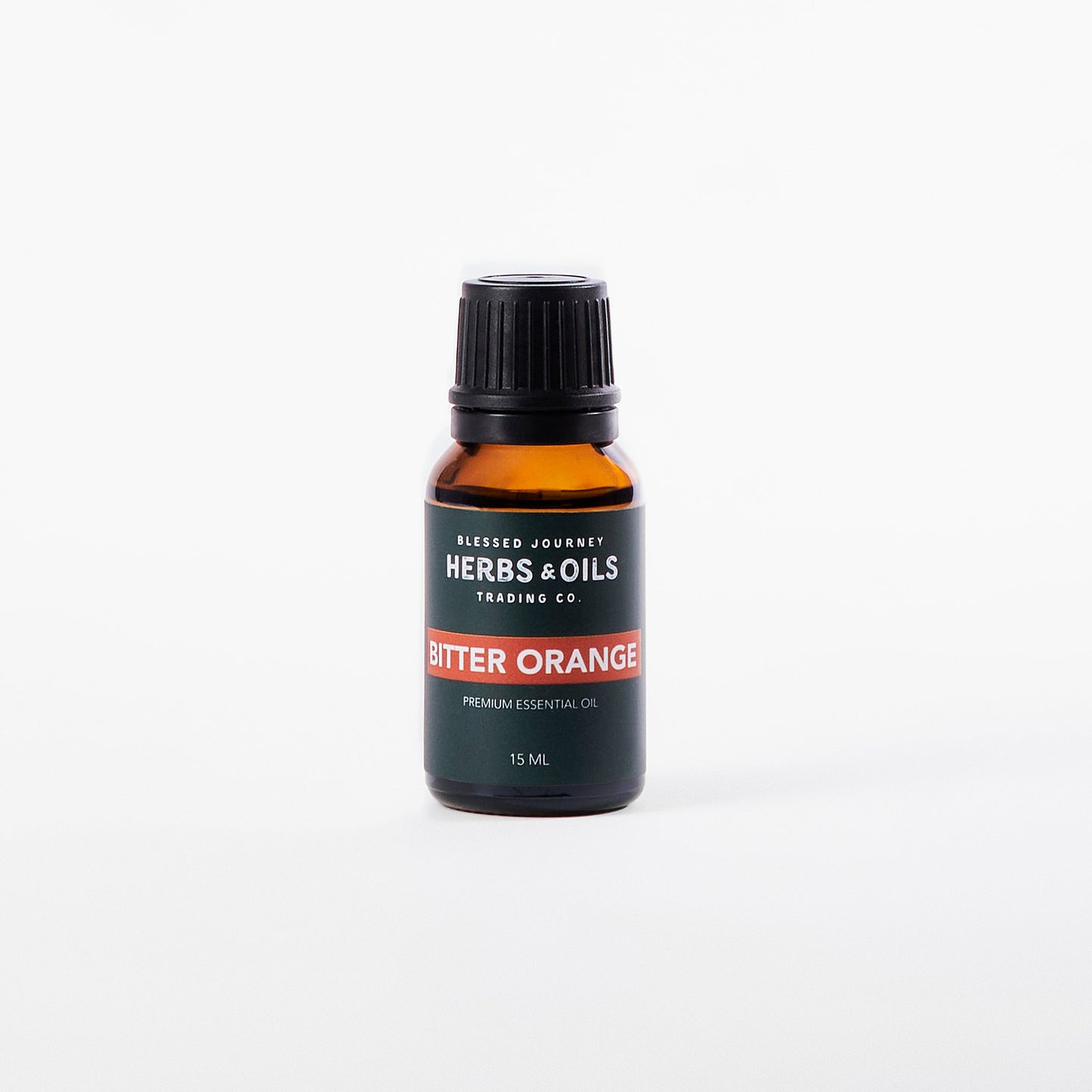 15ml amber glass bottle of bitter orange essential oil, premium quality, steam distilled from bitter orange rind, calming and uplifting citrus aroma