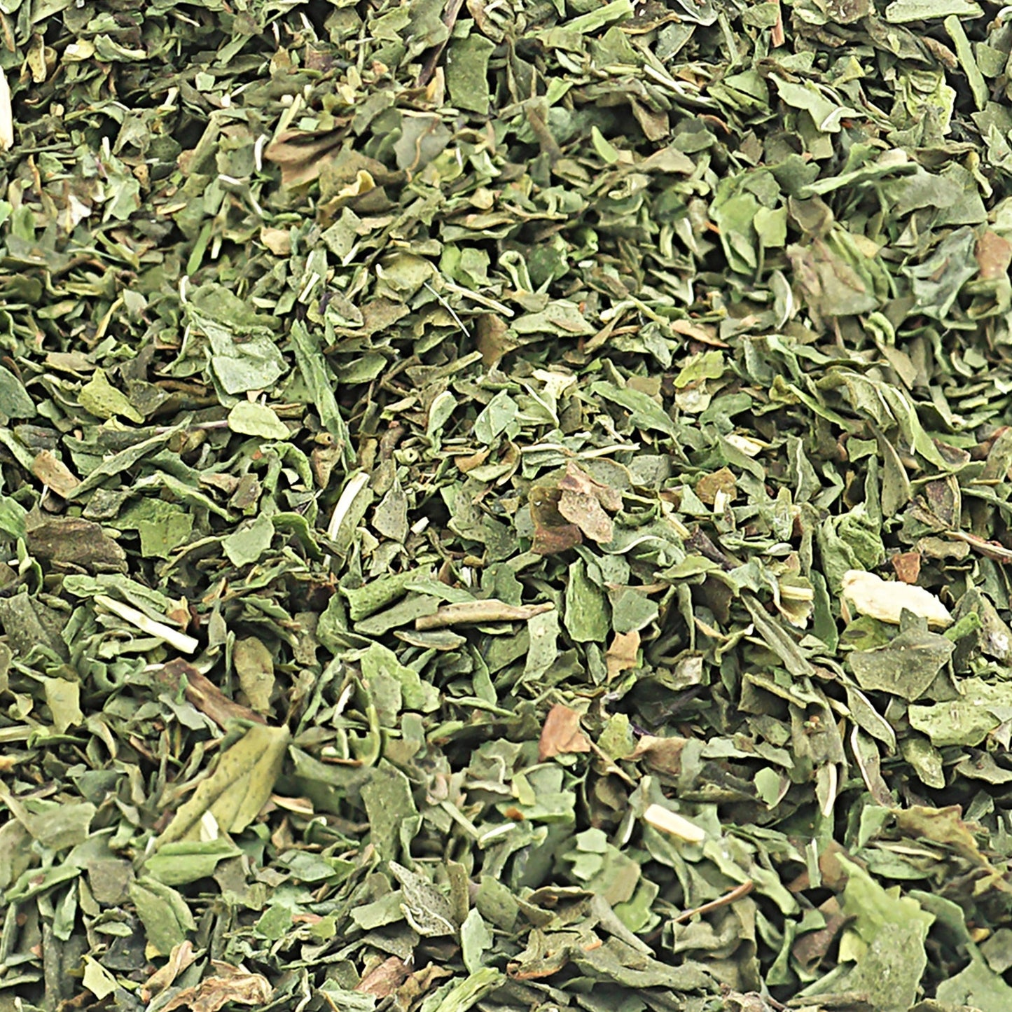 Close-up of dried organic spearmint leaf (Mentha spicata) herb, 125g package