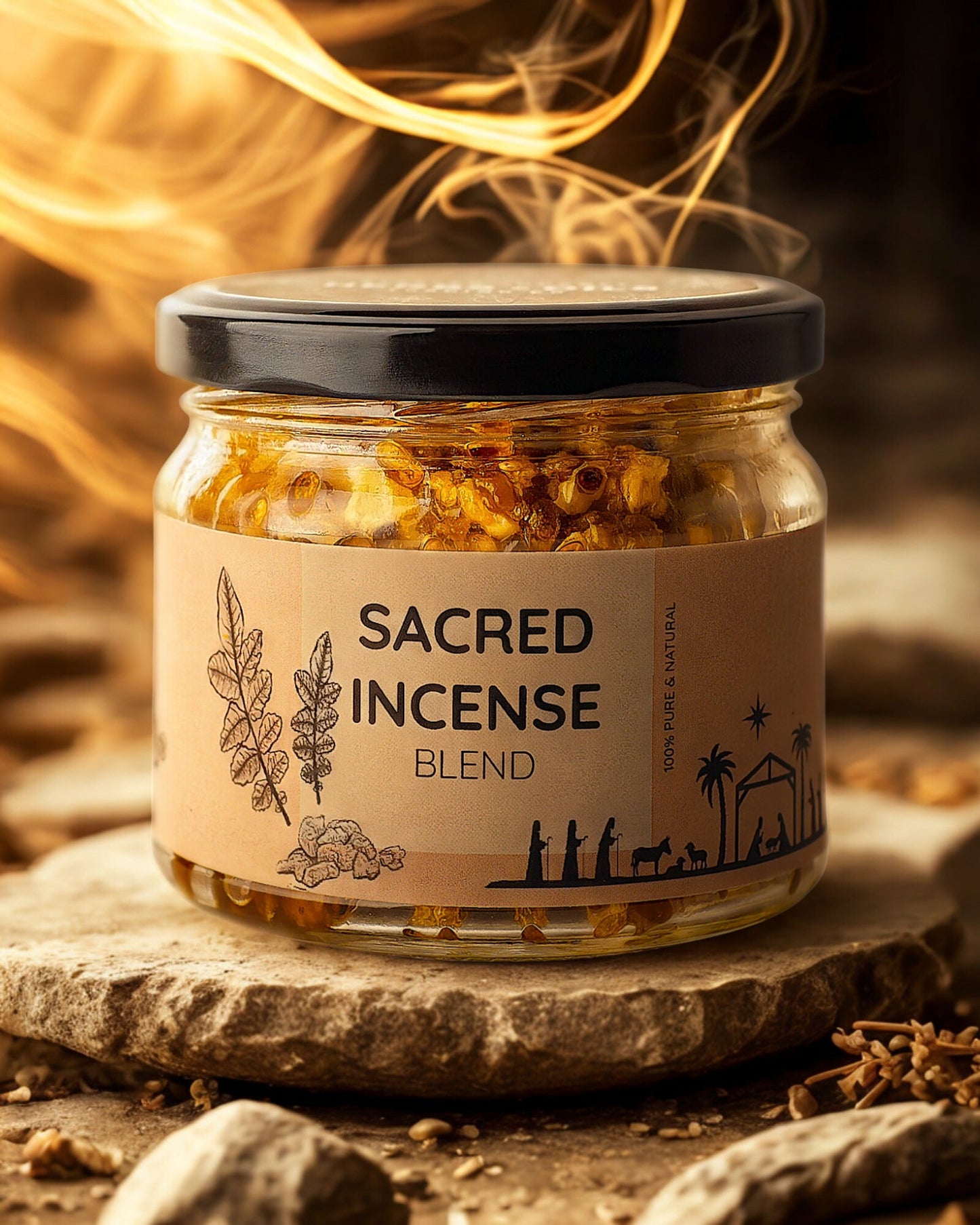 Jar of sacred frankincense incense blend with aromatic resin granules and natural outdoor background smoke